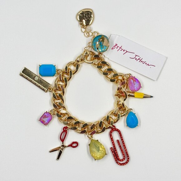 NWT Betsey Johnson School Charm Bracelet Gold Teacher Jewelry Ruler Pencil Globe - Picture 3 of 5